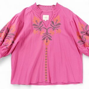 Umgee Womens Boho Peasant Top Sz Large Pink Embroidered Floral Blouse Cotton